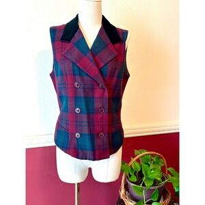 Vintage Summit Hill‎ Plaid Vest Burgundy Navy Green Velvet Collar Menswear Style